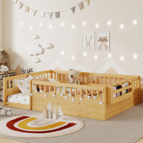 Full Montessori Floor Bed Frame with High Rails, Wood Kids Floor Beds with Light and Storage Shelf, Natural
