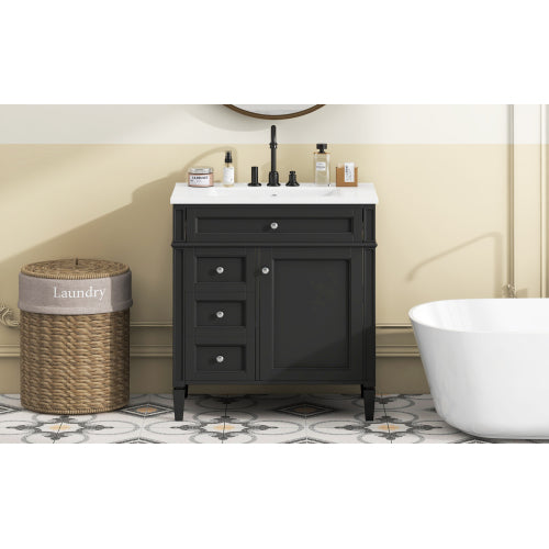 30'' Bathroom Vanity with Top Sink, Modern Bathroom Storage Cabinet with 2 Drawers and a Tip-out Drawer, Single Sink Bathroom Vanity