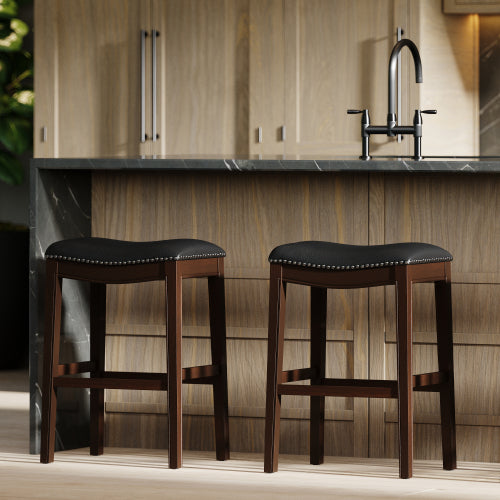31in. H Bar-Height Wood Barstool with Black Faux-Leather Seat, 1PC