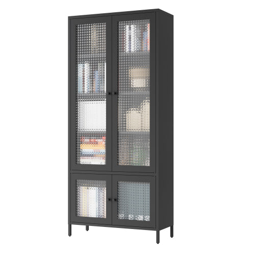 Black Waffle Tempered Glass Door Metal Display Cabinet Multi-layer Home Storage Rack