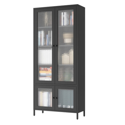 Black Waffle Tempered Glass Door Metal Display Cabinet Multi-layer Home Storage Rack