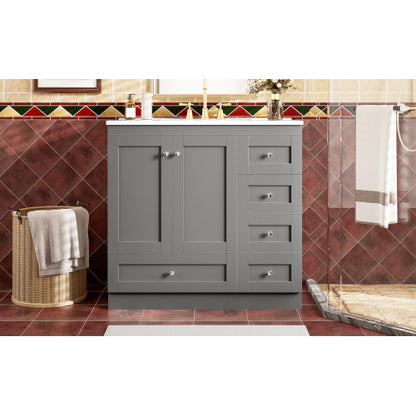 36 inch Shaker Style Free-Standing Bathroom Vanity Cabinet with Ceramic Sink, 4 Soft-close Drawers and 2 Soft-close doors