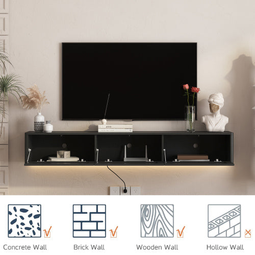 Black Floating Wall Mount High Gloss TV Stand with 16 Color LED Lights & Integrated Power Outlet