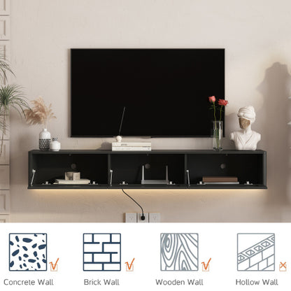 Black Floating Wall Mount High Gloss TV Stand with 16 Color LED Lights & Integrated Power Outlet