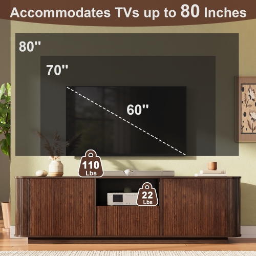 70 inch Modern TV Stand for TVs Up to 80 inch, Wood Grain Media Console with Storage, Curved Corners