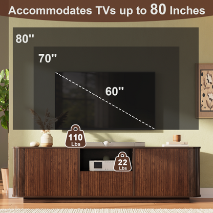 70 inch Modern TV Stand for TVs Up to 80 inch, Wood Grain Media Console with Storage, Curved Corners