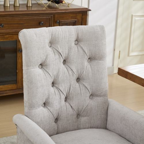 Upholstered Chenille Arm Dining Chair, Tufted Accent Chair with Curved Solid Wood Legs, Beige, Single Pack