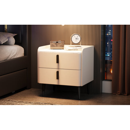 Nightstand with 2 Drawers, Night Stand with Marble-Pattern Tabletop, Modern Beside Table for Bedroom, End Table for Living Room, White