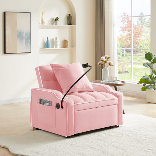 Pink 3-In-1 Convertible Sleeper Chair Bed with USB & Type-C Port