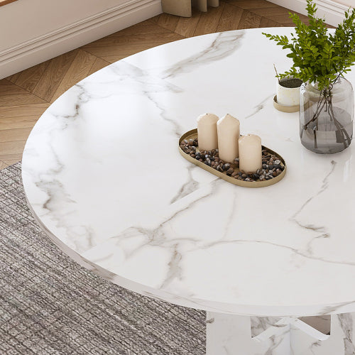 47.24 Inch Marble White MDF Round Dining Table, 300LB Capacity Farmhouse Kitchen Table for 4-6 People