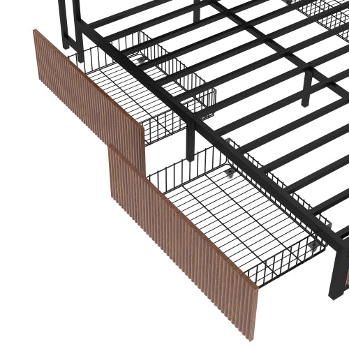 Large raised-pattern storage bed frame, wooden platform bed frame with multiple drawer storage function, bedside socket, brown wood (Queen)