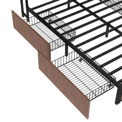 Large raised-pattern storage bed frame, wooden platform bed frame with multiple drawer storage function, bedside socket, brown wood (Queen)