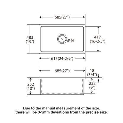 27"x19"x10" Undermount Single Bowl Fireclay Kitchen Sink - Dual Mount White Porcelain Fireclay Rectangular Deep Single Bowl Sink Basin