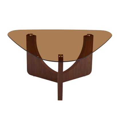 Triangular Tea-Colored Tempered Glass Coffee Table, Walnut MDF Legs