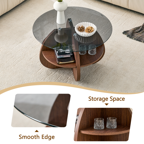 Round Coffee Table with Gray Tempered Glass Top & Fan-Shaped Storage
