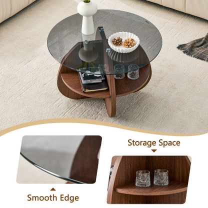 Round Coffee Table with Gray Tempered Glass Top & Fan-Shaped Storage