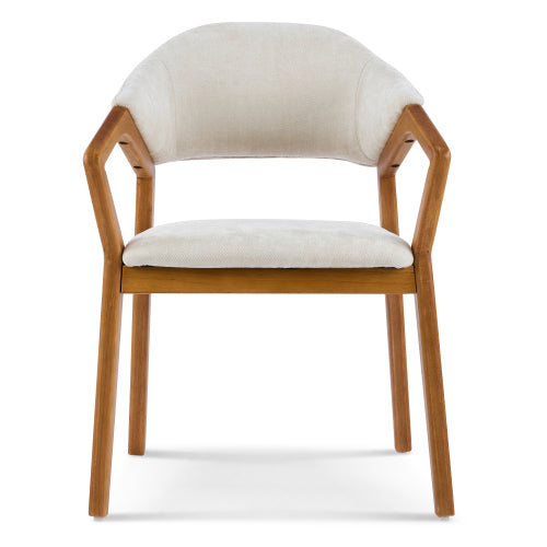 Set of 2 Beige Chenille Arm Dining Chairs, Teak Bent Wood Frame 300lbs Weight Capacity