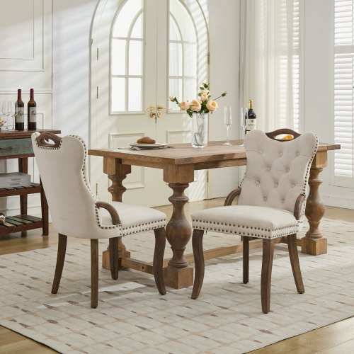 Set of 2 Beige Hand Tufted Velvet Dining Chairs, Solid Wood Handles Vintage Copper Nail Curved Wood Legs