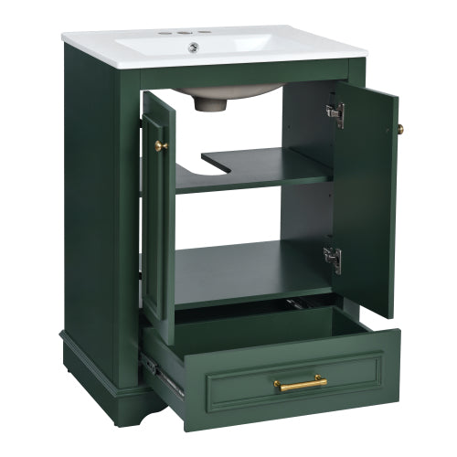 24'' Bathroom Vanity with Ceramic Sink Combo, Modern Freestanding Storage Cabinet with Silver Handles, Soft Closing Doors