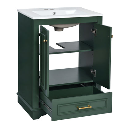 24'' Bathroom Vanity with Ceramic Sink Combo, Modern Freestanding Storage Cabinet with Silver Handles, Soft Closing Doors