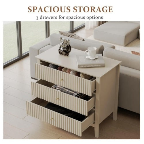 32inch Beige Fluted 3-Drawer Nightstand