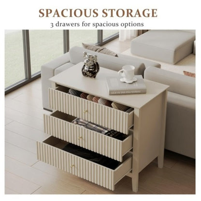 32inch Beige Fluted 3-Drawer Nightstand