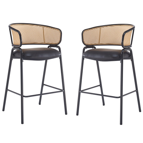 Indoor Metal Upholstered Barstool, Faux Leather Seat With Wowen Rattan Decorated Backrest, Set of 2