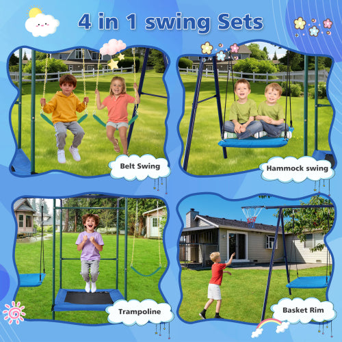 4 in 1 Swing Set With Belt Swing, Hammock Swing, Trampolone,Basket Rim for Backyard