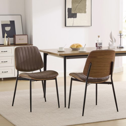 Set of 2 Mid Century Modern Faux Leather Dining Chairs with Walnut Bentwood Back and Metal Legs, Brown PU
