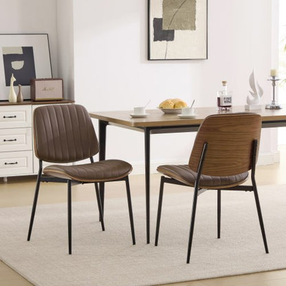 Set of 2 Mid Century Modern Faux Leather Dining Chairs with Walnut Bentwood Back and Metal Legs, Brown PU