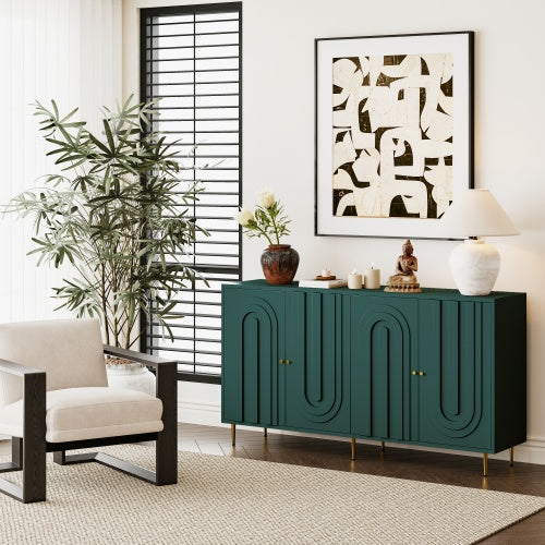 Modern Green Lacquered 4 Door Sideboard Buffet Cabinet Gold Metal Legs Adjustable Shelves