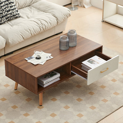 40.94inch  Rectangle Coffee Table with Drawer, Walnut Solid Wood Leg Table, 220lbs Load