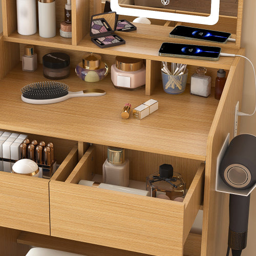 Vanity Table with LED-Illuminated Mirror, Power Outlet, Hairdryer Holder & Stool ¨C Compact Dressing Desk for Small Bedrooms(Wood)