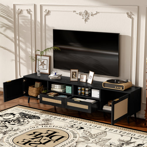 78.74 Inch Farmhouse Rattan TV Stand Solid Wood Leg Media Console Supports 85 Inch TV