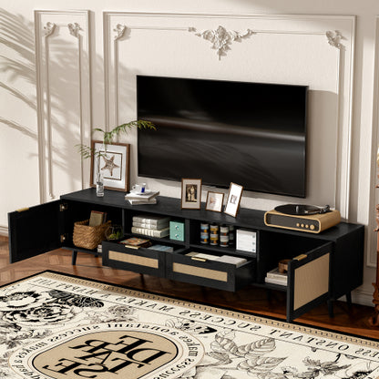 78.74 Inch Farmhouse Rattan TV Stand Solid Wood Leg Media Console Supports 85 Inch TV