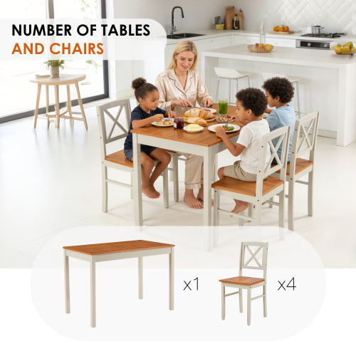 5-Piece Grey & Dark Brown Solid Rubberwood Dining Set, Space-Saving Table and Chairs for Apartment