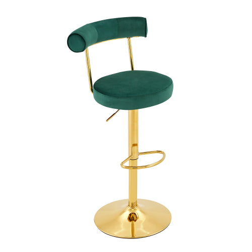 Set of 2 Dark Green Velvet Swivel Adjustable Bar Stools, Electroplated Gold Metal Legs, Gas Lift Counter Chairs
