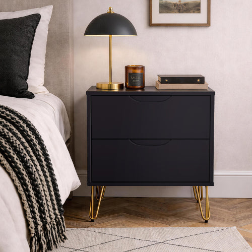 Black Modern Nightstand, 2 Drawers & Metal Legs