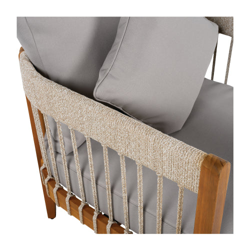 Acacia Wood Outdoor Club Chair with Handwoven Rope Accents & Curved Backrest - Water-Resistant Boho Patio Lounge Chair with Removable Cushions for Porch, Garden