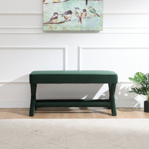 Comfort Double Bench Upholstered in Velvet Fabric,Stool with Stylish X-Crossed Legs,Comfort Cushion with piping,Velvet Green