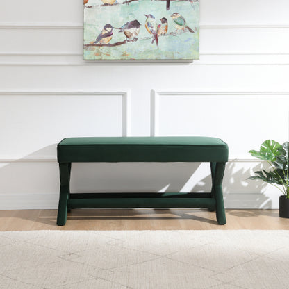 Comfort Double Bench Upholstered in Velvet Fabric,Stool with Stylish X-Crossed Legs,Comfort Cushion with piping,Velvet Green