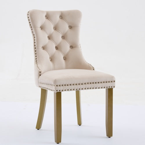 Mid-Century Modern Velvet Dining Chairs Set of 2 with Lion Head Pull Ring, Tufted Upholstered Chair, Beige