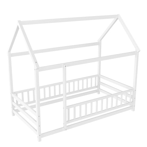 Twin Size Floor Wooden Bed with House Roof Frame, Fence Guardrails,White