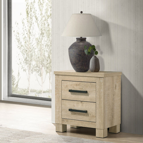 Weathered Oak 2-Drawer Farmhouse Nightstand, Engineered Wood Bedside Table with Dark Bronze Pulls