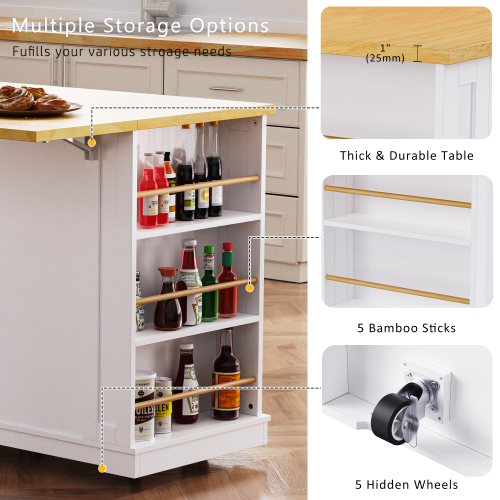 53inch Large Kitchen Island with Drop Leaf, Power Outlet, Door Internal Storage Rack, Rolling Kitchen Cart on 5 Wheels with 5 Open Side Racks for Kitchen, Dining Room,White(Not include bar stools)