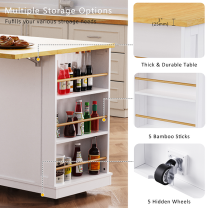 53inch Large Kitchen Island with Drop Leaf, Power Outlet, Door Internal Storage Rack, Rolling Kitchen Cart on 5 Wheels with 5 Open Side Racks for Kitchen, Dining Room,White(Not include bar stools)