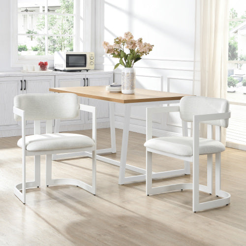 Set of 2 Beige Fabric Arm Dining Chairs, White Iron Metal Frame 265 LBS Weight Capacity
