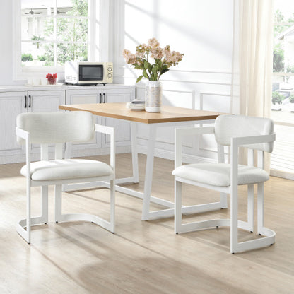 Set of 2 Beige Fabric Arm Dining Chairs, White Iron Metal Frame 265 LBS Weight Capacity