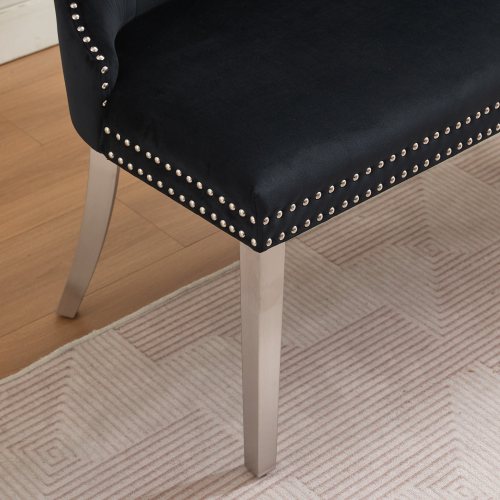 Velvet Double Dining Loveseat Bench, Kitchen & Dining Seating, 2-Seat Tufted Bench w/Handmade Buttons, Wing Back, Brushed Silver Stainless Steel Legs, Mid Century Modern,Single Pack,Black