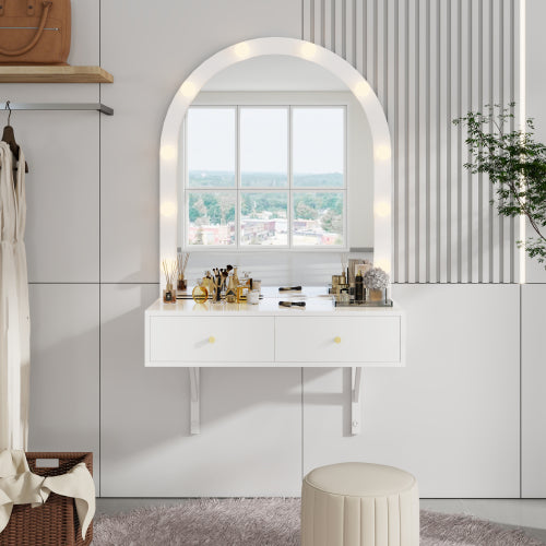 White Floating Wall Mounted Vanity Desk with LED Mirror, 3 Color Lights, Power Outlet & USB, Large Storage